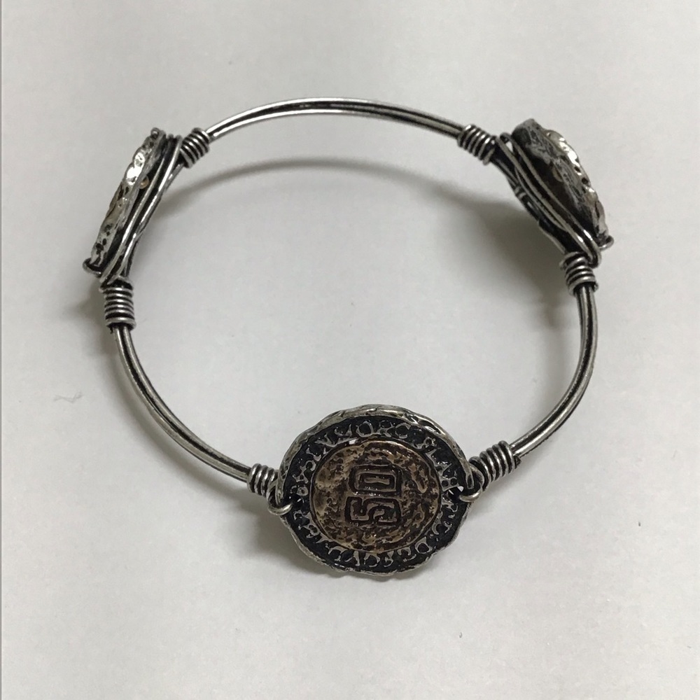 NEW Western Barbed Wire Look Coin Bangle Bracelet Cowgirl Mixed Metal Brutalist - Picture 5 of 13